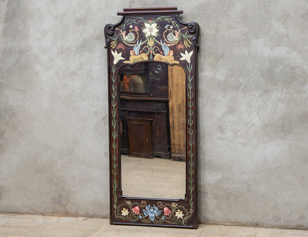 Антикварное ростовое зеркало с росписью