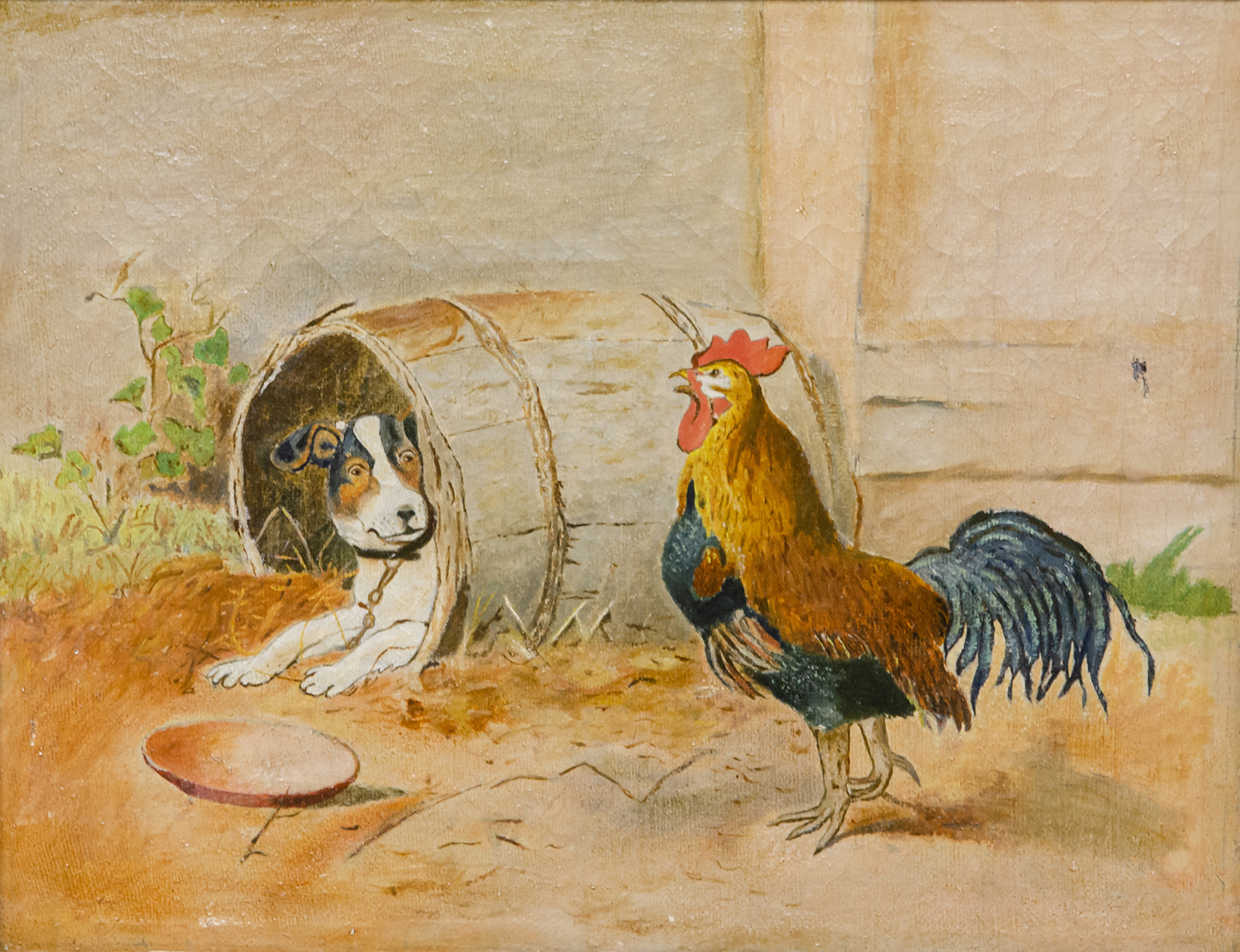 Картина - Утренний звонок. Собака и петух
