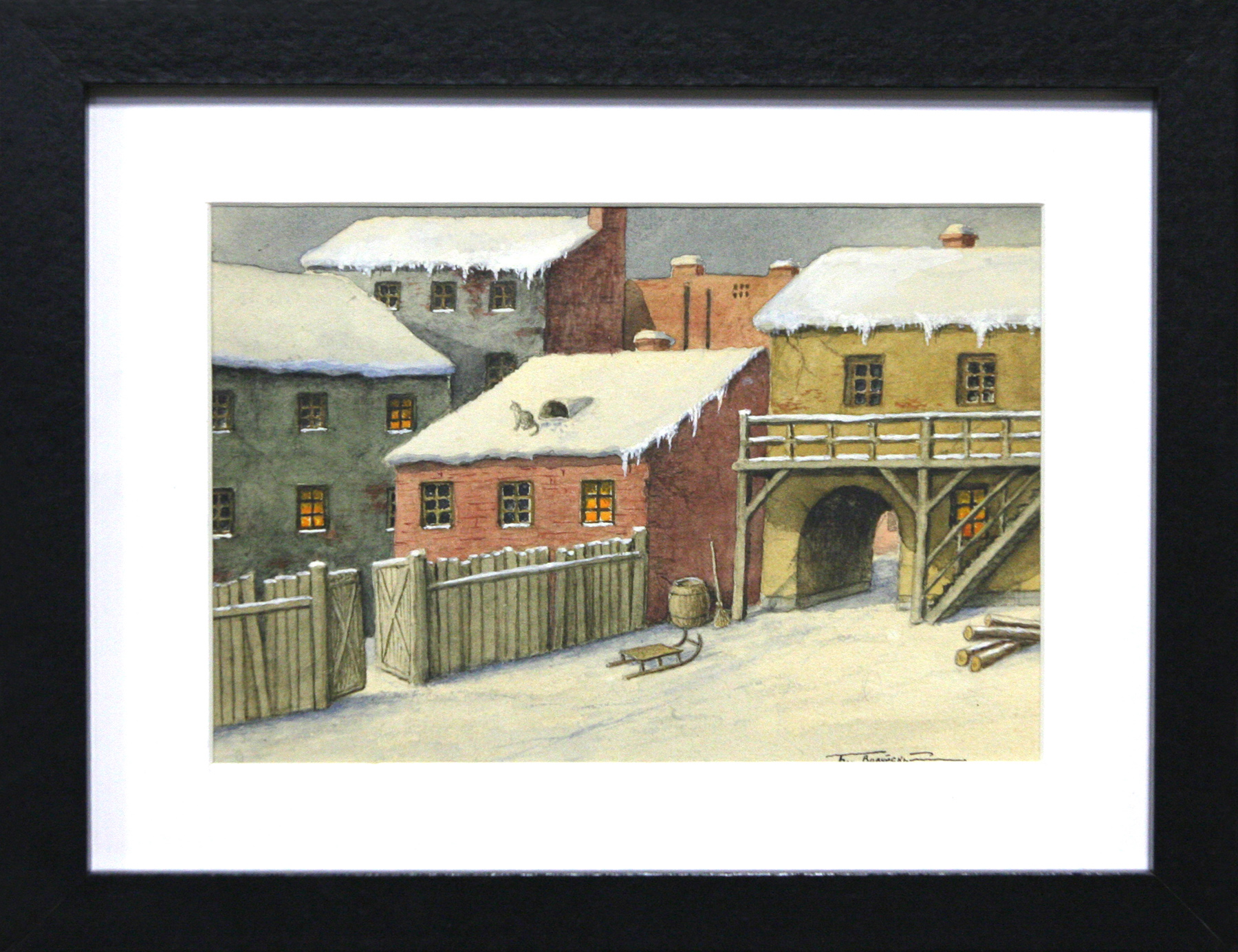 Акварель По заснеженным крышам