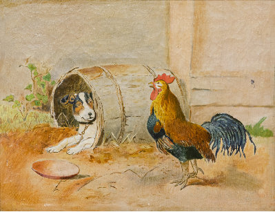 Картина - Утренний звонок. Собака и петух