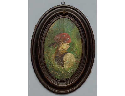 Старинная картина на дереве - Портрет девочки