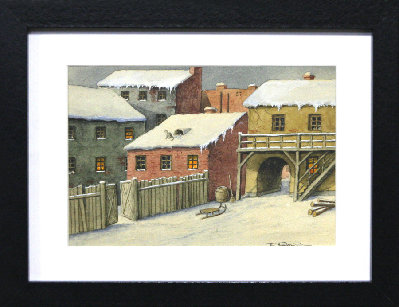 Акварель По заснеженным крышам