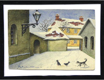 Акварель Зимний дворик