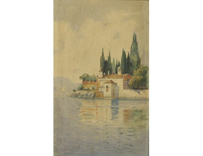 Старинная акварель Вид на озеро Гарда